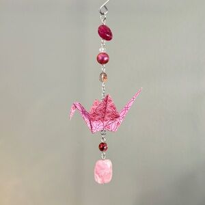 Origami Ornament #2399 - Small Crane with Glass and Stone Beads